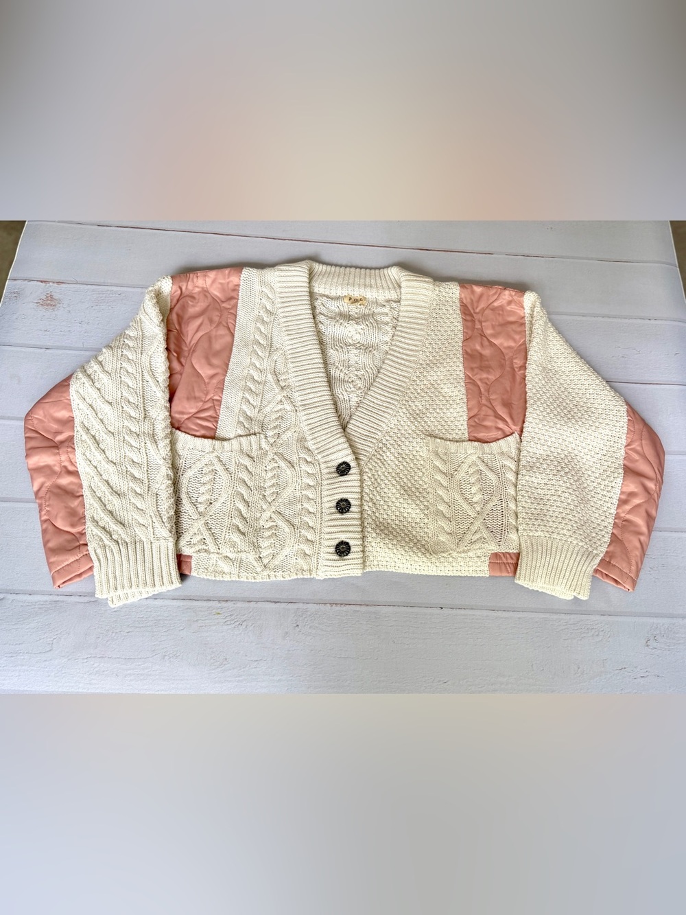 POL Cream Cable Knit Cardigan Quilted Pink Satin Patchwork Button Front Size M - Picture 5 of 15